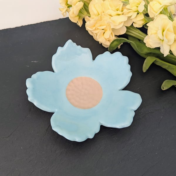 Ceramic pastel turquoise flower small dish