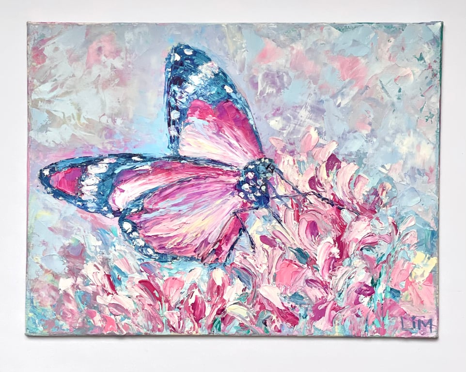 Pink Butterfly Painting Flower Original Art Flower Pink Butterfly decoration Tee