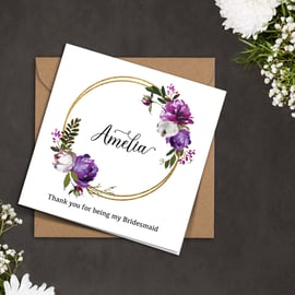PERSONALISED purple peonies, golden ring Bridesmaid wedding invitation card
