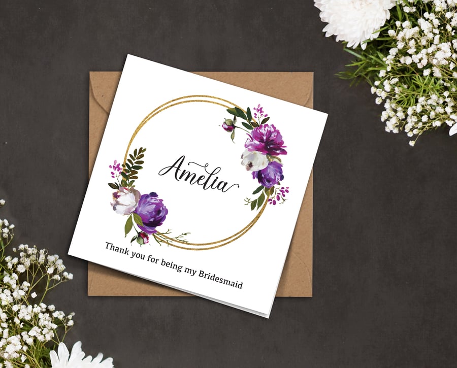 PERSONALISED purple peonies, golden ring Bridesmaid wedding invitation card