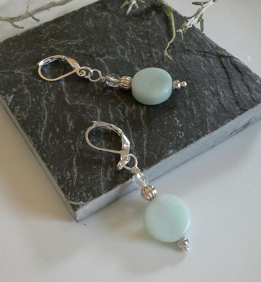 Amazonite & Crystal Lever Back Silver Plate Earrings