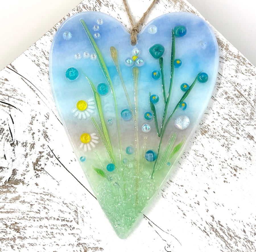 Glass Meadow Heart with Delicate Turquoise Flowers