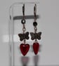 Handmade Copper Butterfly & Ruby Red Glass Heart Earrings - Image 4