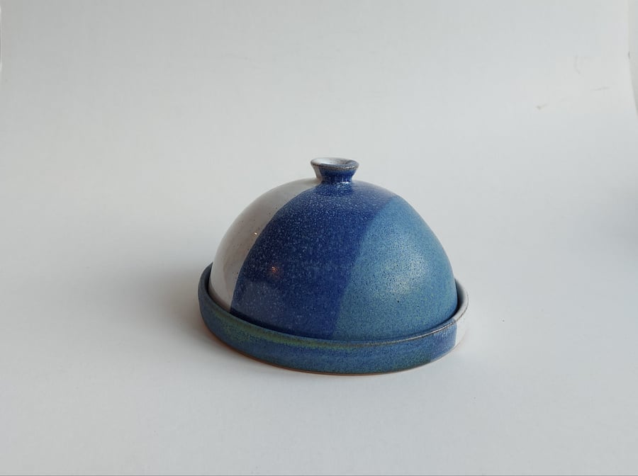 Handmade thrown stoneware pottery butter dish in white and blue glaze