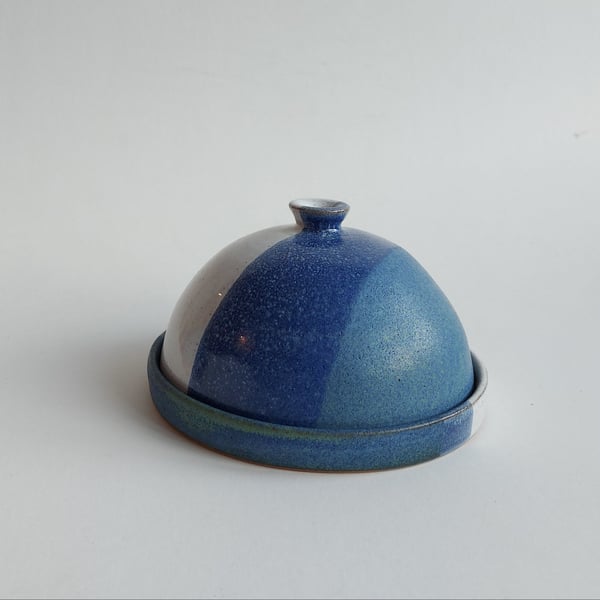 Handmade thrown stoneware pottery butter dish in white and blue glaze