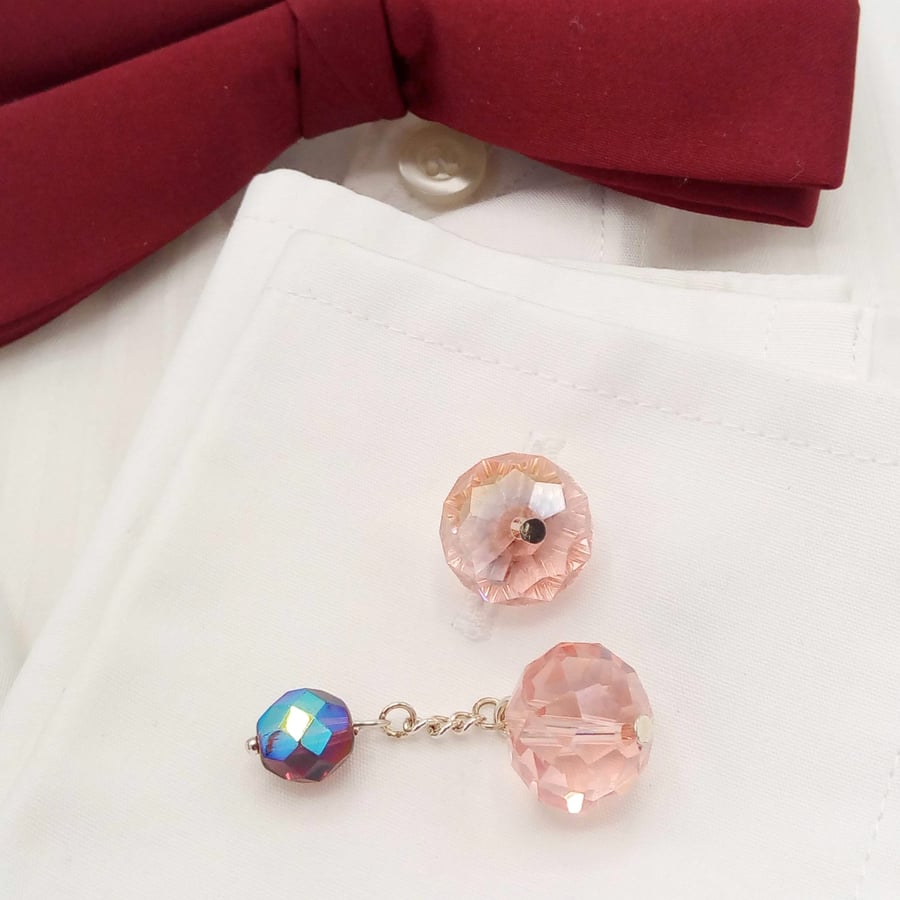 Men's Pink Crystal Rondelle Cufflinks, Men's Jewellery, Beaded Men's Cufflinks
