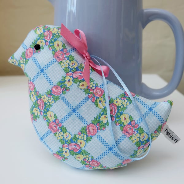 SALE Retro Blue Flower Lavender Bird, Pretty Fabric Gift