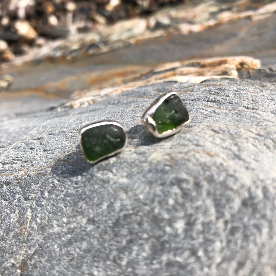 Dark Forest Green Sea Glass and Sterling Silver Stud Earrings - 1052