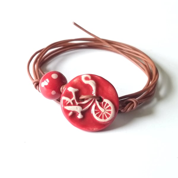 Vegan Bicycle Button Wrap Bracelet in Red