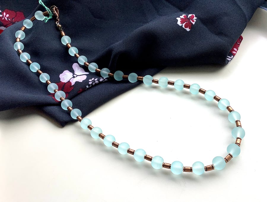 Glass beads necklace: gorgeous cool ice blue and warm copper colour