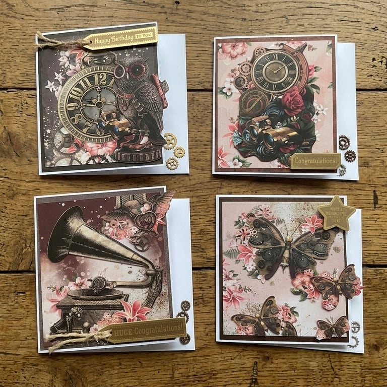 Steampunk Vintage Card Set of 4, Handmade 5x5 Greeting Cards