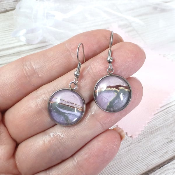 Unique lilac purple and gold dangle earrings, stainless steel hypoallergenic