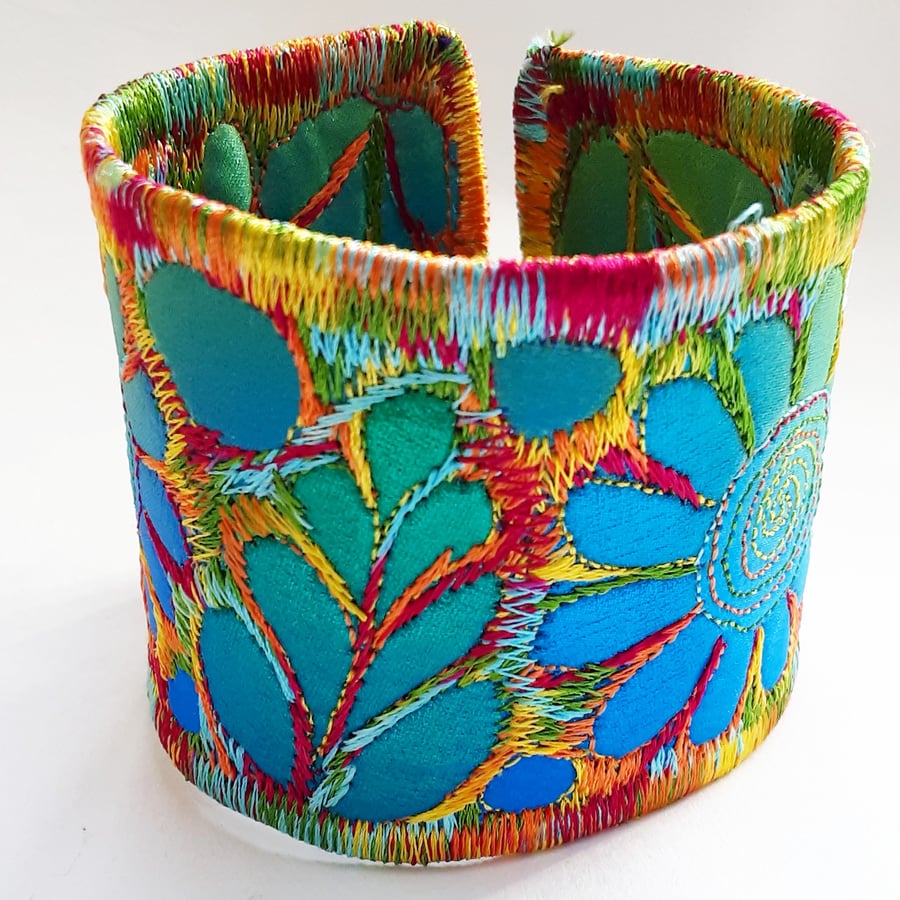 Leaf and Flower Textile Cuff with Free Machine Embroidery 