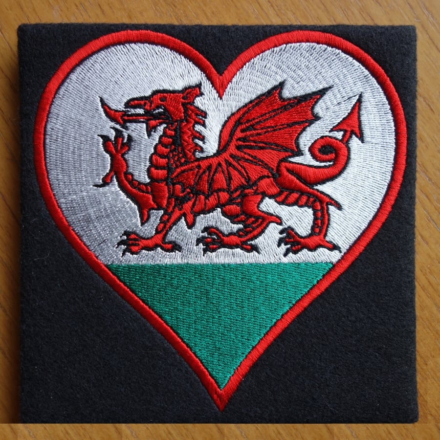 Welsh Dragon Heart card (with option to personalise) embroidered 