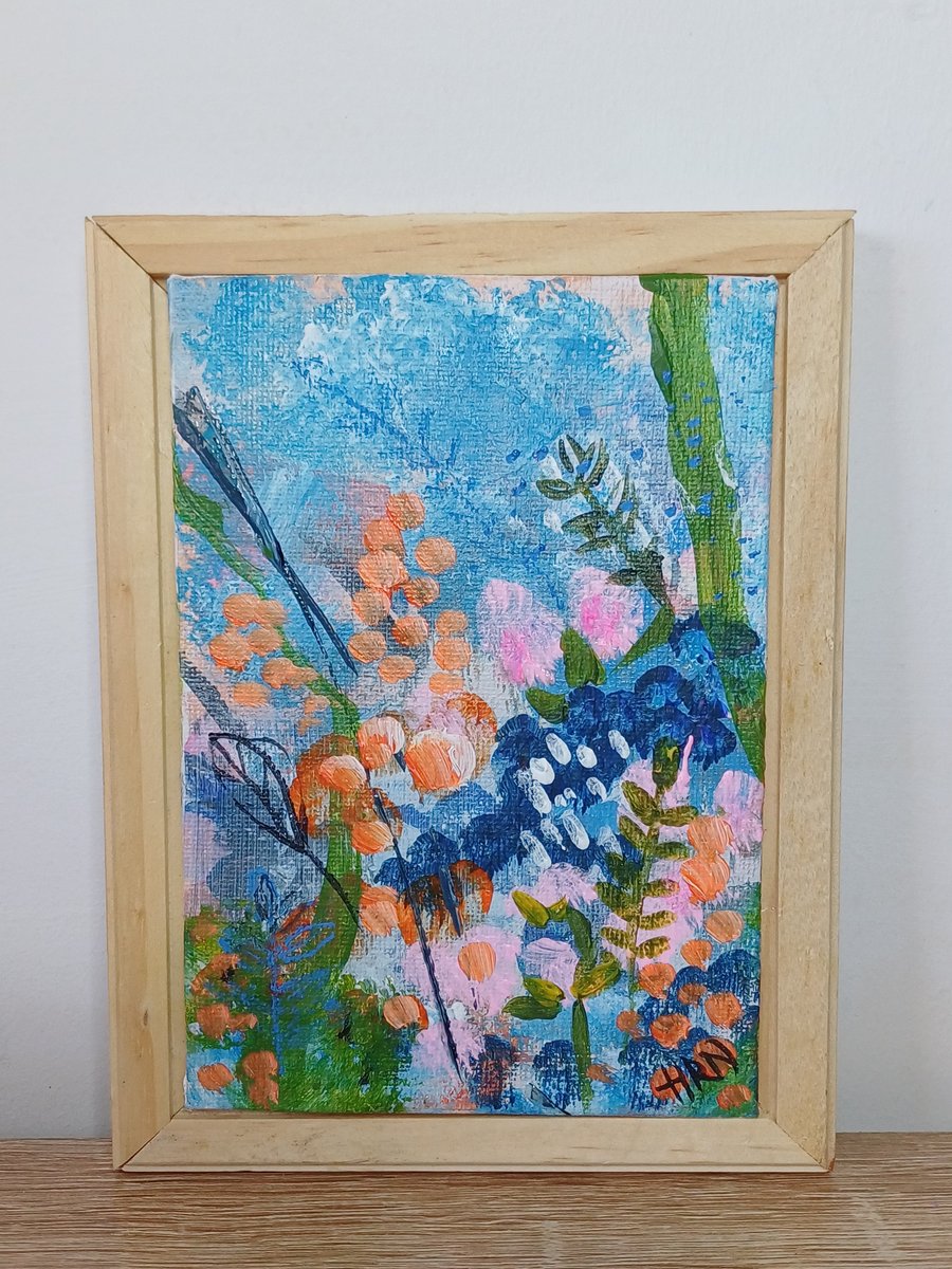 Original small floral acrylic abstract painting in soft wood frame ready to hang