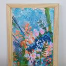 Original small floral acrylic abstract painting in soft wood frame ready to hang