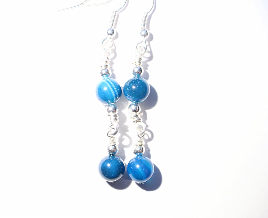 Blue banded agate and silver bead dangle earrings