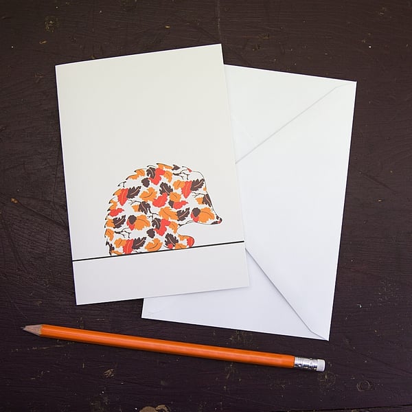 Hedgehog Greetings Card with Autumn Leaves Pattern