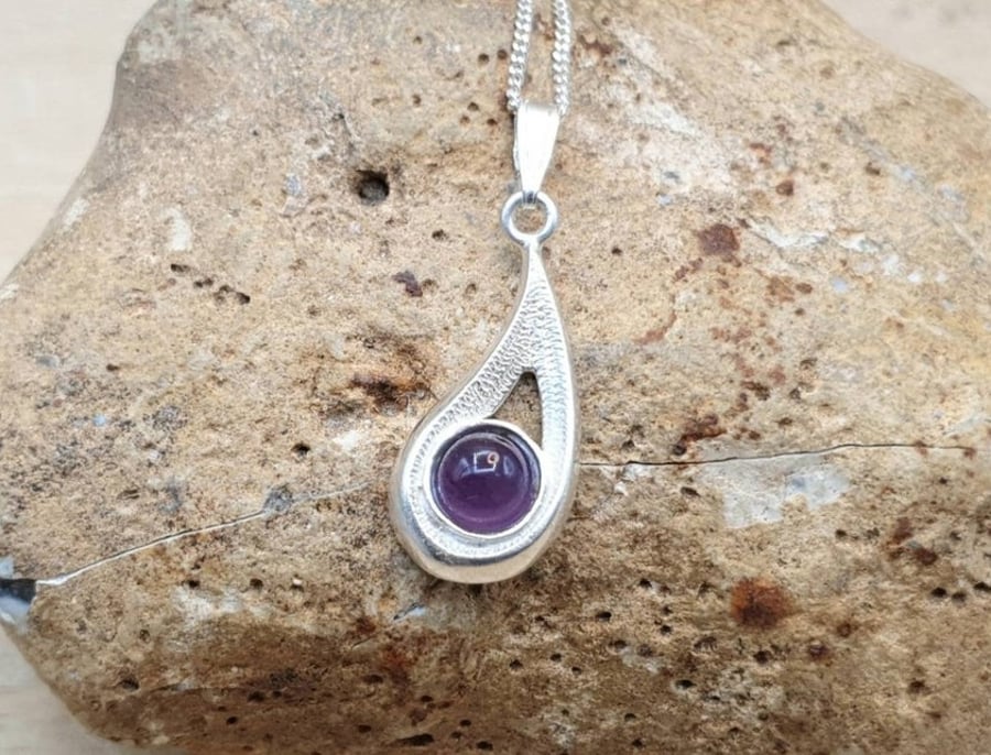 Teardrop Amethyst pendant necklace. February Birthstone. 925 sterling silver