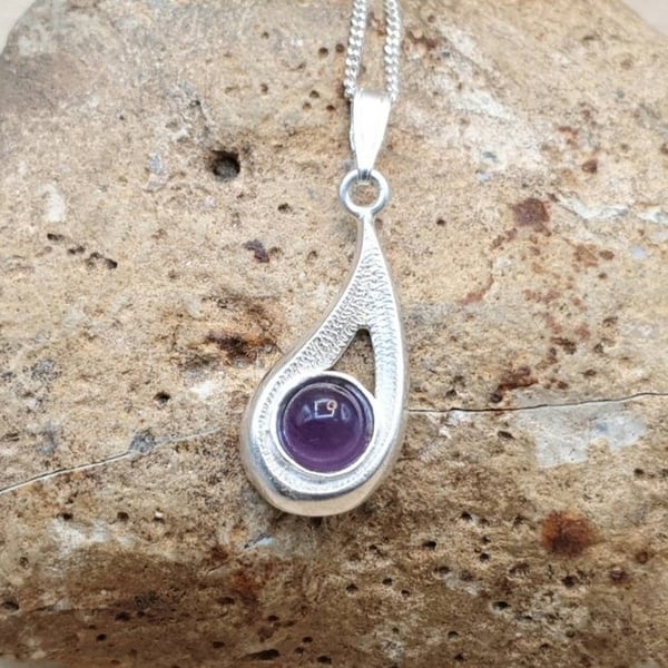 Teardrop Amethyst pendant necklace. February Birthstone. 925 sterling silver