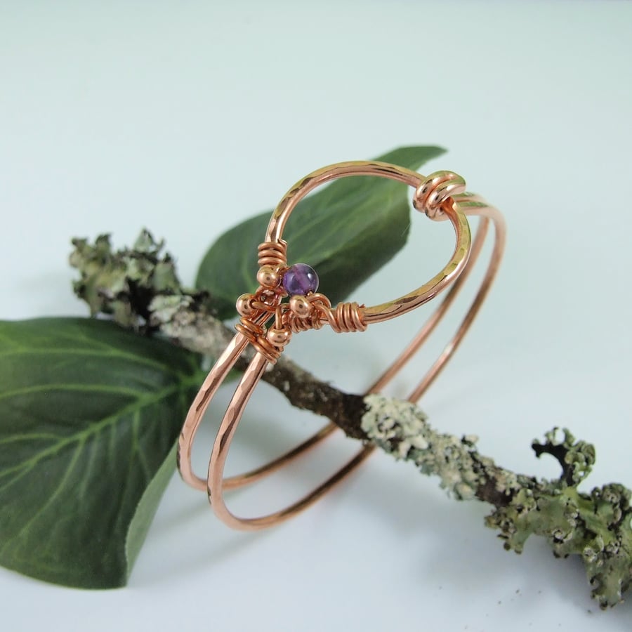 Bangle, Copper Bracelet with Amethyst Gemstone