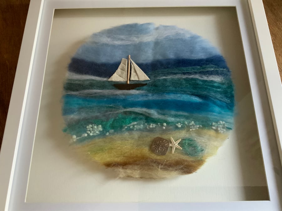 Seascape picture.Wet Felt coastal Art. 12.5” square deep white wooden box frame.