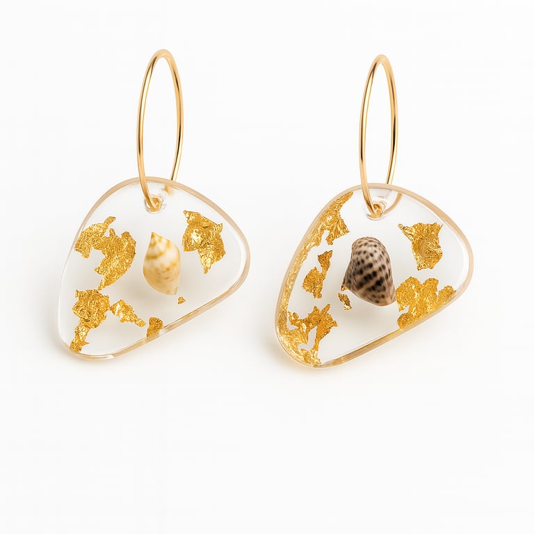 Gold Leaf Shell Resin Hoop Earrings – Coastal Ocean Dangle Earrings