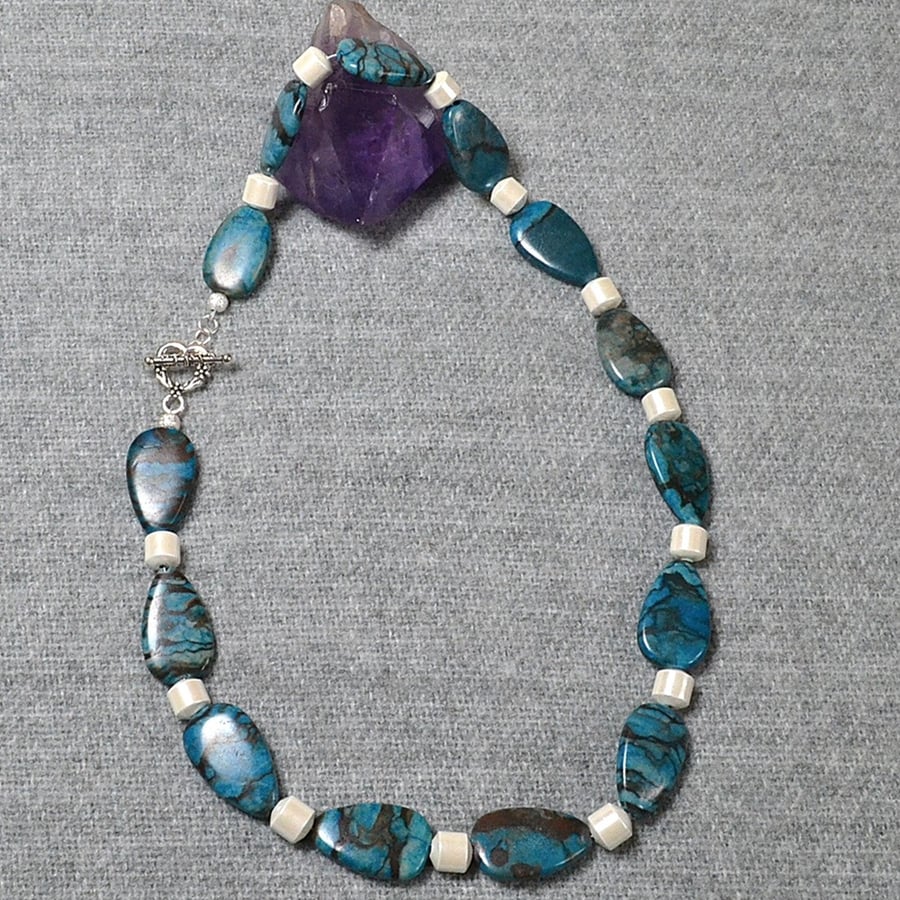 Blue-Green (dyed) Stone Oval Necklace with Magnetic White Hematite