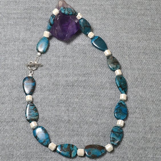 Blue-Green (dyed) Stone Oval Necklace with Magnetic White Hematite