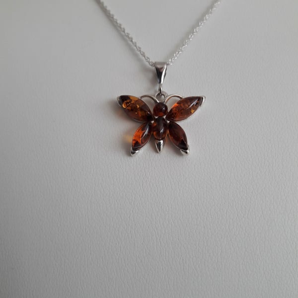 Amber Cognac Butterfly Necklace. Bespoke, Sterling Silver, Gift for Her