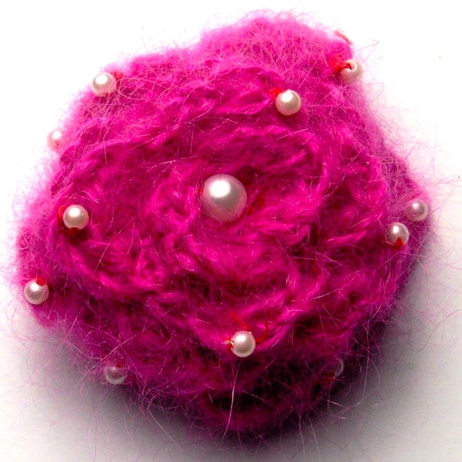 Pink Crocheted Flower Brooch With Mohair and Pearls