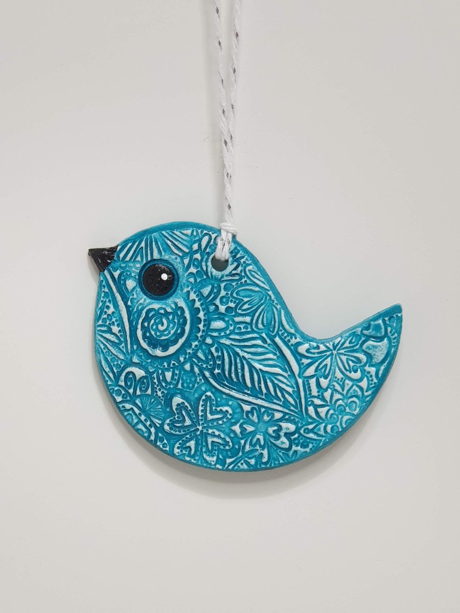 Clay bird hanging decoration, turquoise and white, pretty gift for her 