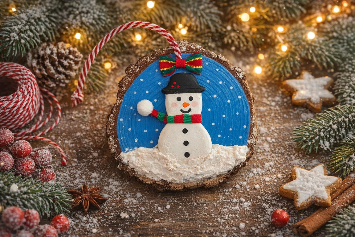 Handmade Clay Snowman on Rustic Wood Slice Christmas Tree Decoration
