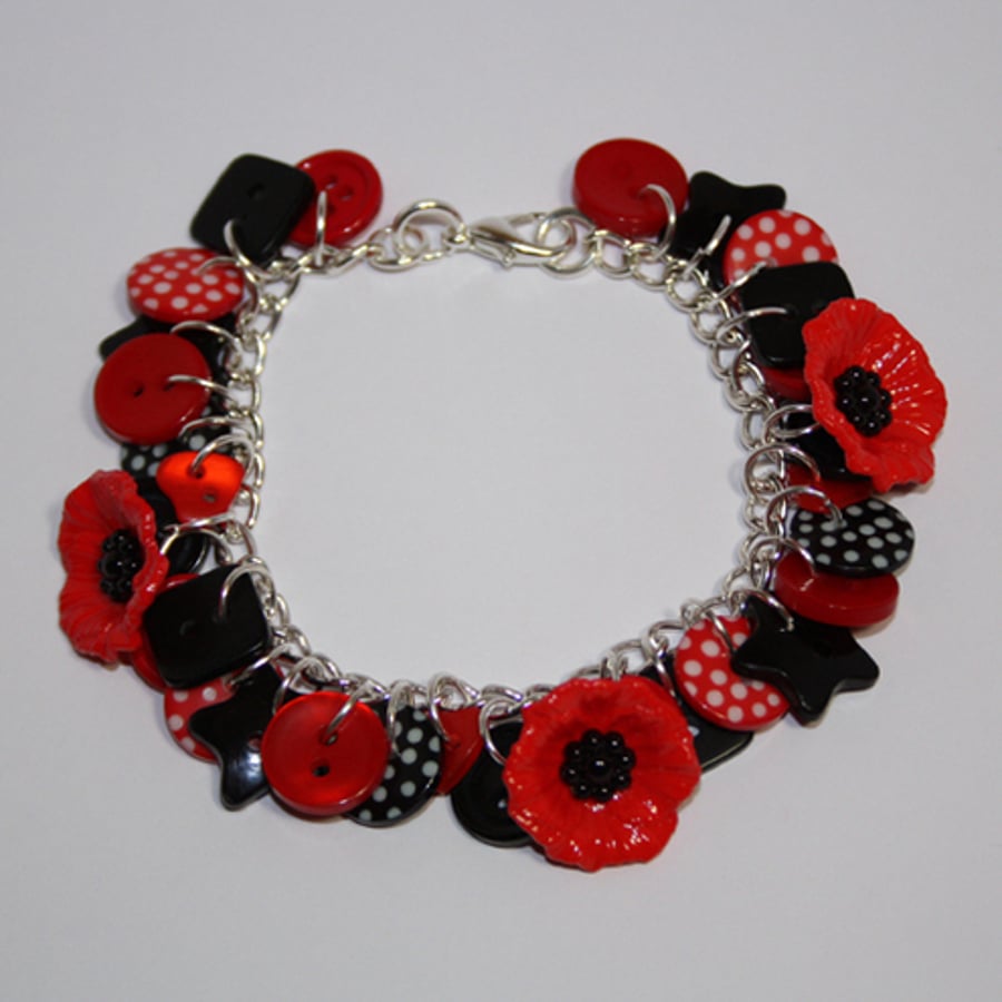 Poppies - black and red button charm bracelet