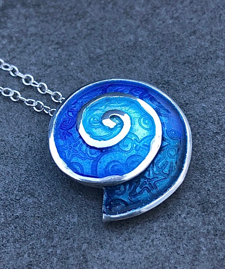 Enamel necklace, shell necklace, blue enamel pendant, shell necklace, nature, 