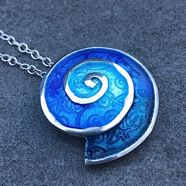 Blue Shell Necklace, enamel necklace, blue enamel pendant, shell necklace, blue.