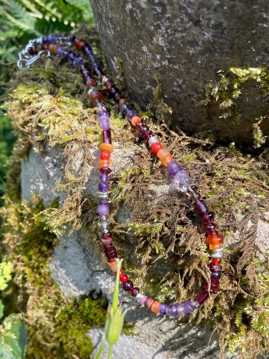 Gemstone and sterling silver bead necklace in berry colours