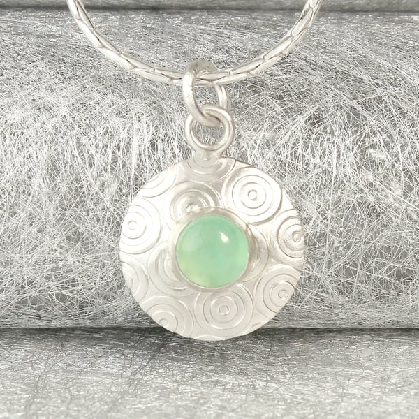 Satin silver pendant handmade from sterling silver, featuring an Aqua Chalcedony