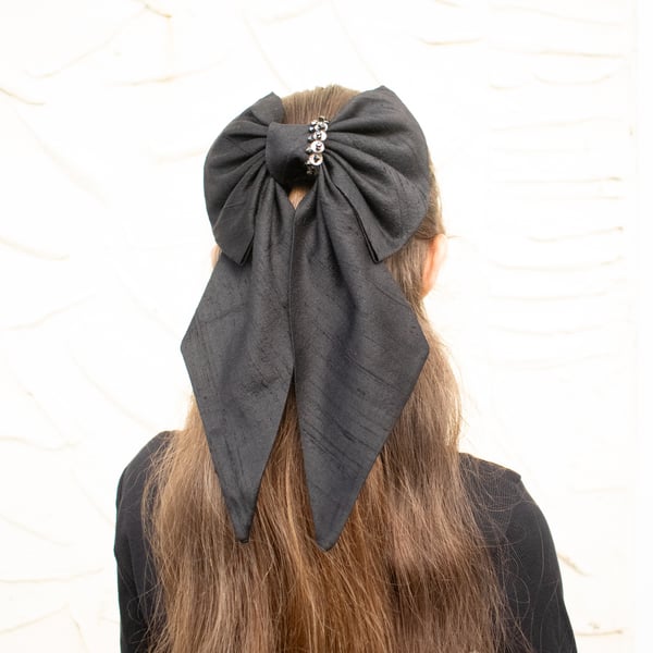Large Silk Hair Bow Clip in Black