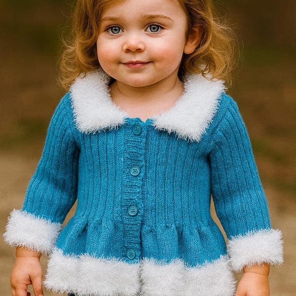 Hand-Knitted Sparkly Blue Peplum Cardigan for Girls, Fluffy Winter Sweater 2-4yr