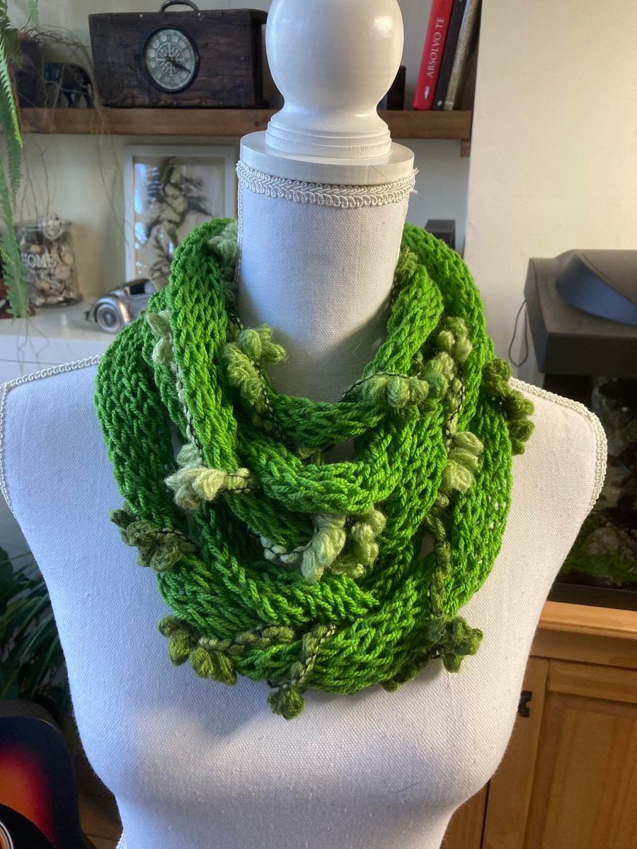 Crochet mesh green shawl green hand knit scarf with crochet flowers 