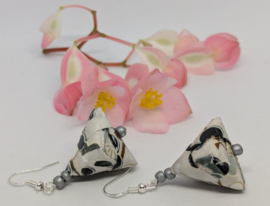 Japanese paper earrings; beige, grey, black, white and gold floral pattern