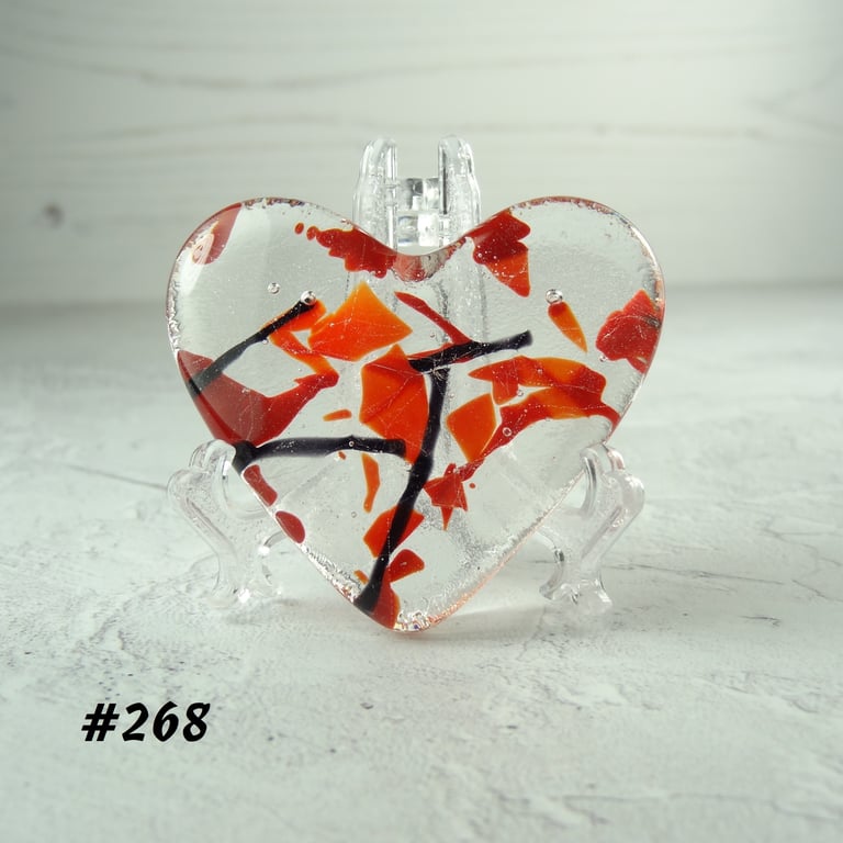Red black clear heart fused glass pocket hug with stand 5x4.5cm (268)