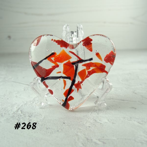Red black clear heart fused glass pocket hug with stand 5x4.5cm (268)