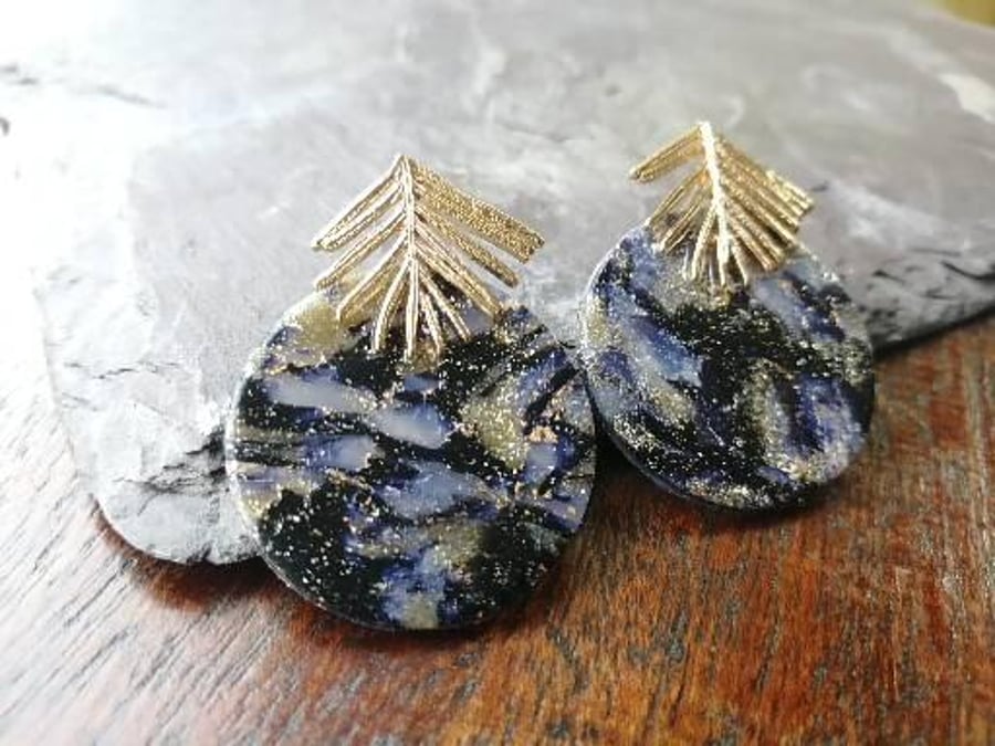 Sparkly Glam Statement earrings in black, white and gold glitter marble effect