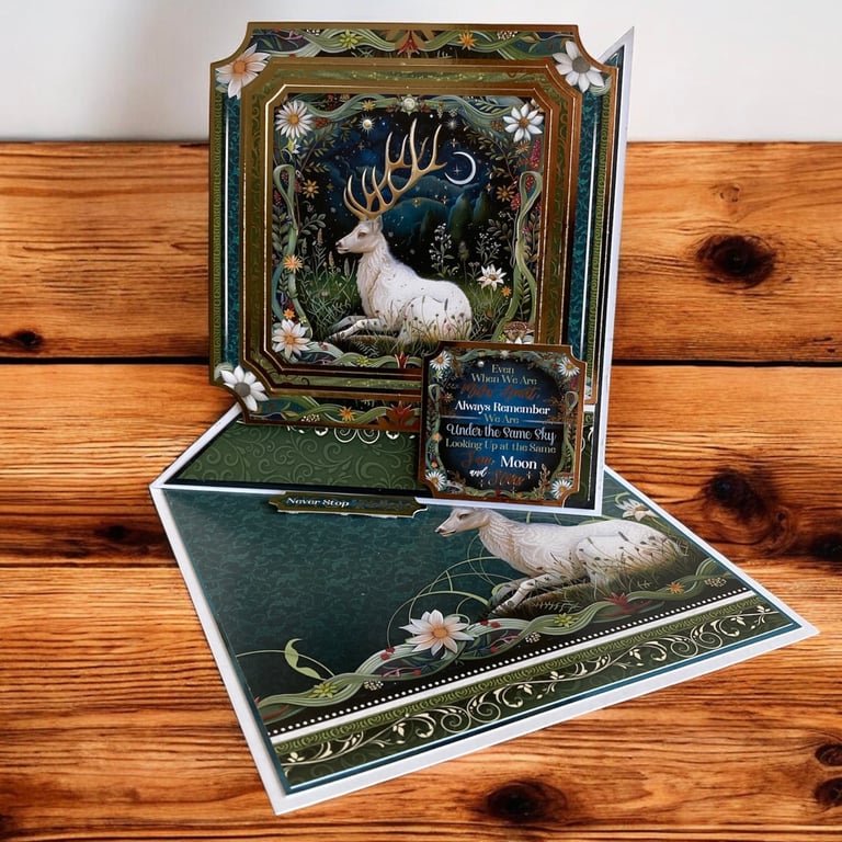 White Stag Under Moonlight. Luxury Keepsake Card. Woodland Fantasy Card
