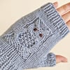 SALE - Fingerless Gloves Mitts - Wrist Warmers - Blue Owl Pattern