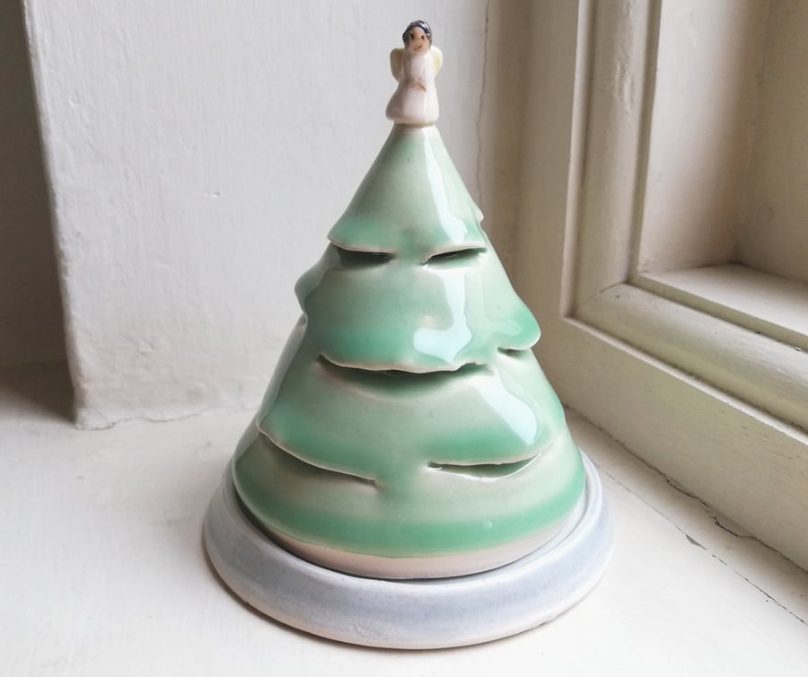 Handmade ceramic Christmas tree & angel tealight candle holder - pottery gift 