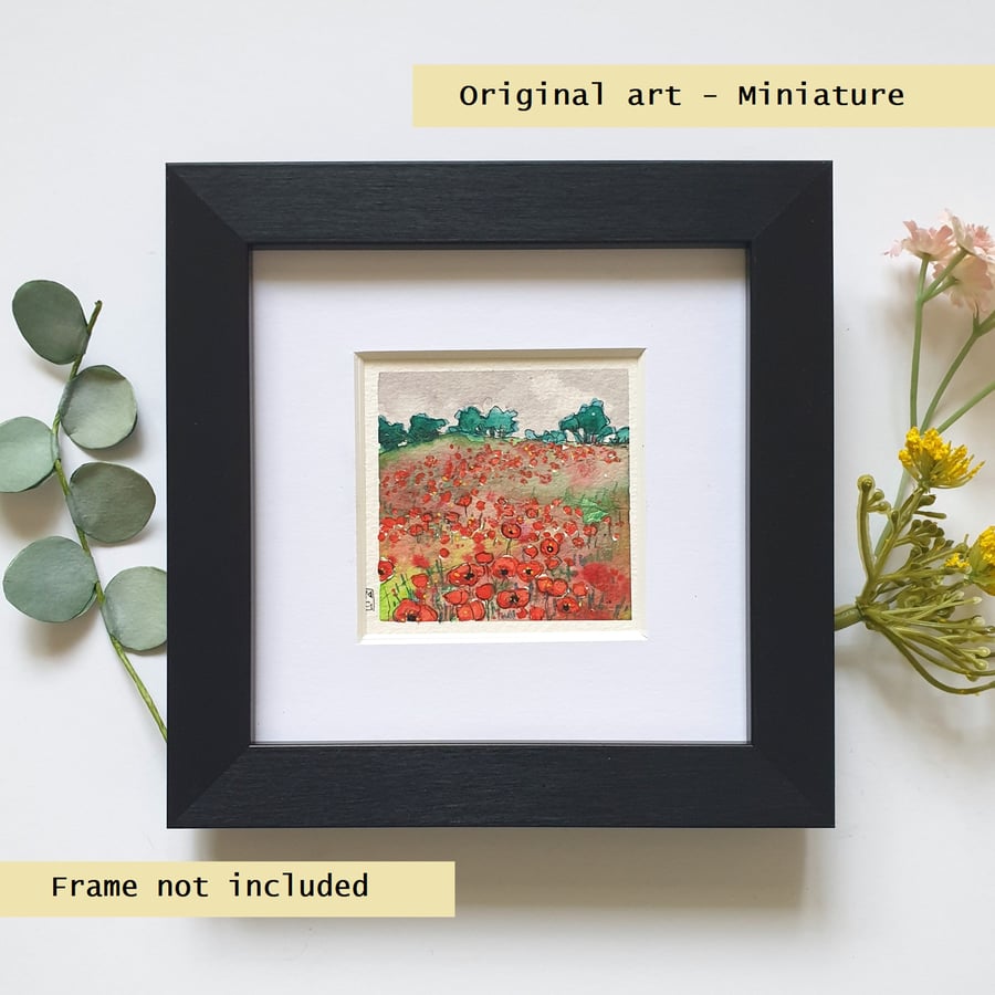 Miniature landscape painting - Poppy field with distant trees, artwork