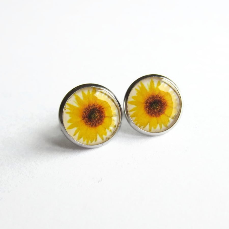 Yellow Sunflower Resin Stud Earrings - Surgical Steel - Hypoallergenic